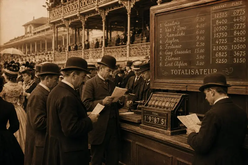 Scène d'hippodrome Belle Époque années 1890, gentilshommes en haut-de-forme étudiant les programmes des courses devant un compteur totalisateur mécanique, dame à l'ombrelle, tribune en fonte ornée
